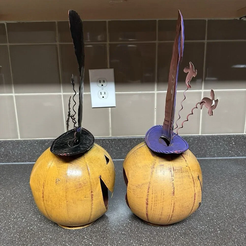 Set of 2 Halloween Metal Pumpkin Lanterns – Witch Hats w/ Bat & Ghosts 15”